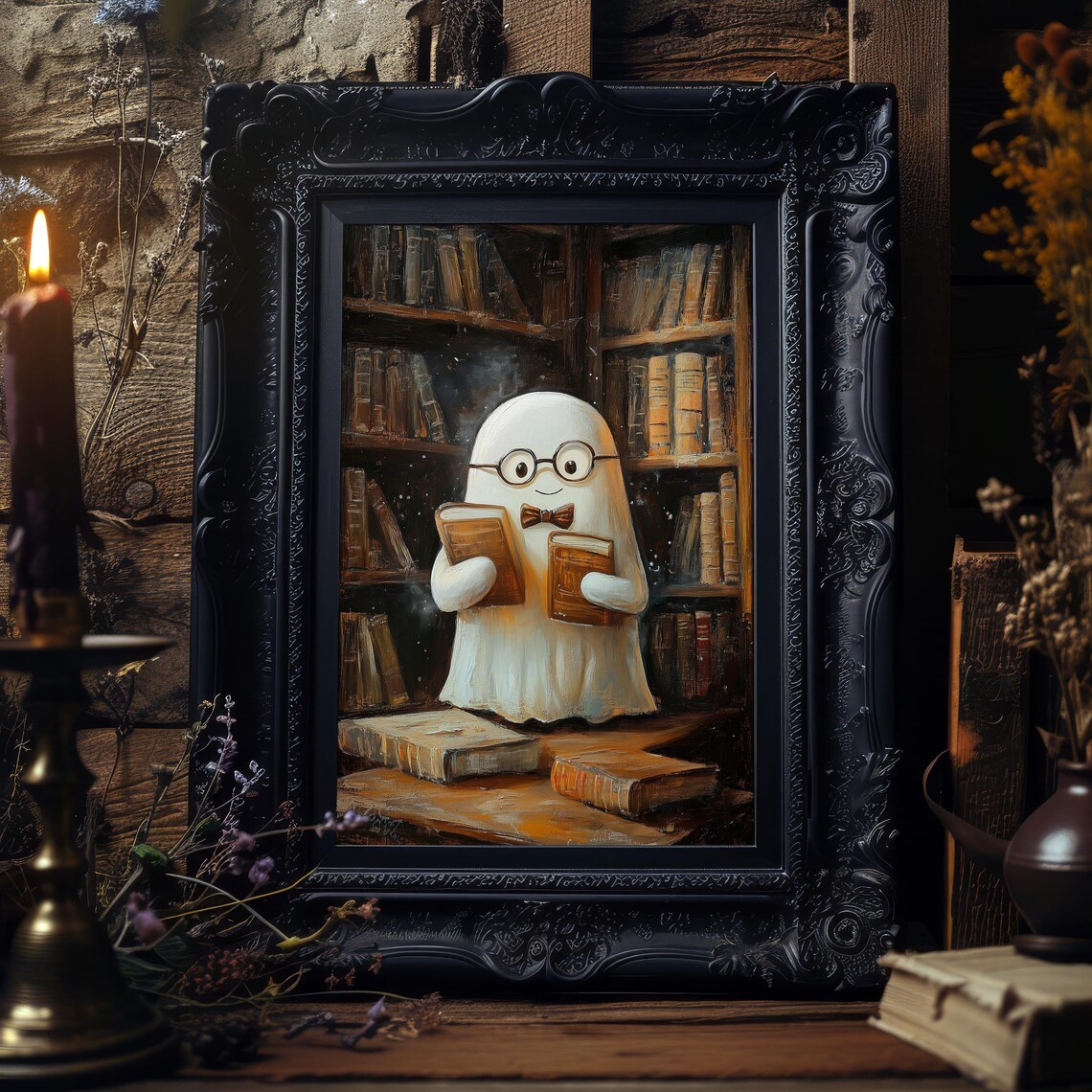 Library Ghost Art Print Cute Bookish Halloween Decor Spooky Ghost Reading Wall Art Cozy Print - Image 2