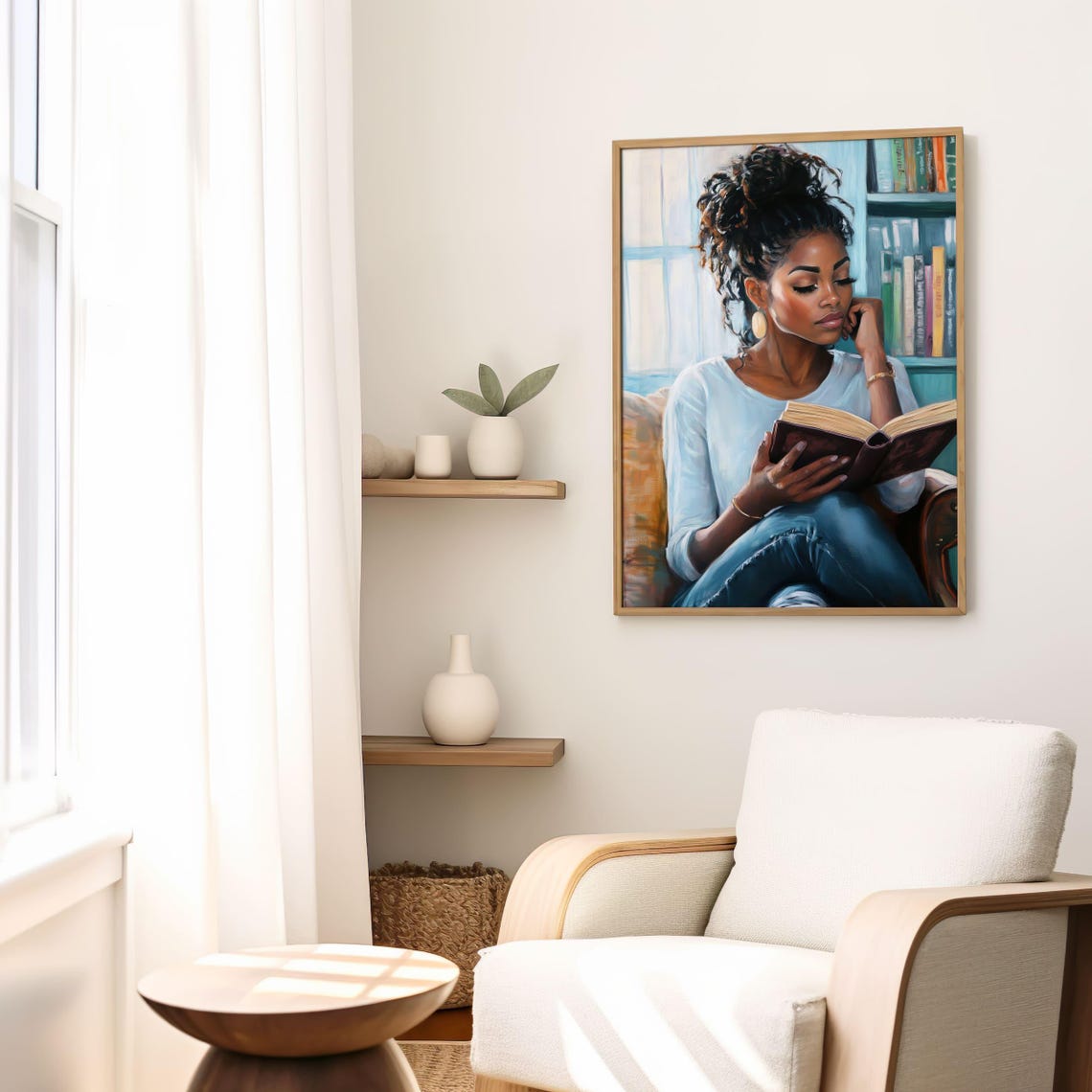 Beautiful Black Woman Reading Book by Window Cozy Library Scene Poster - Image 5