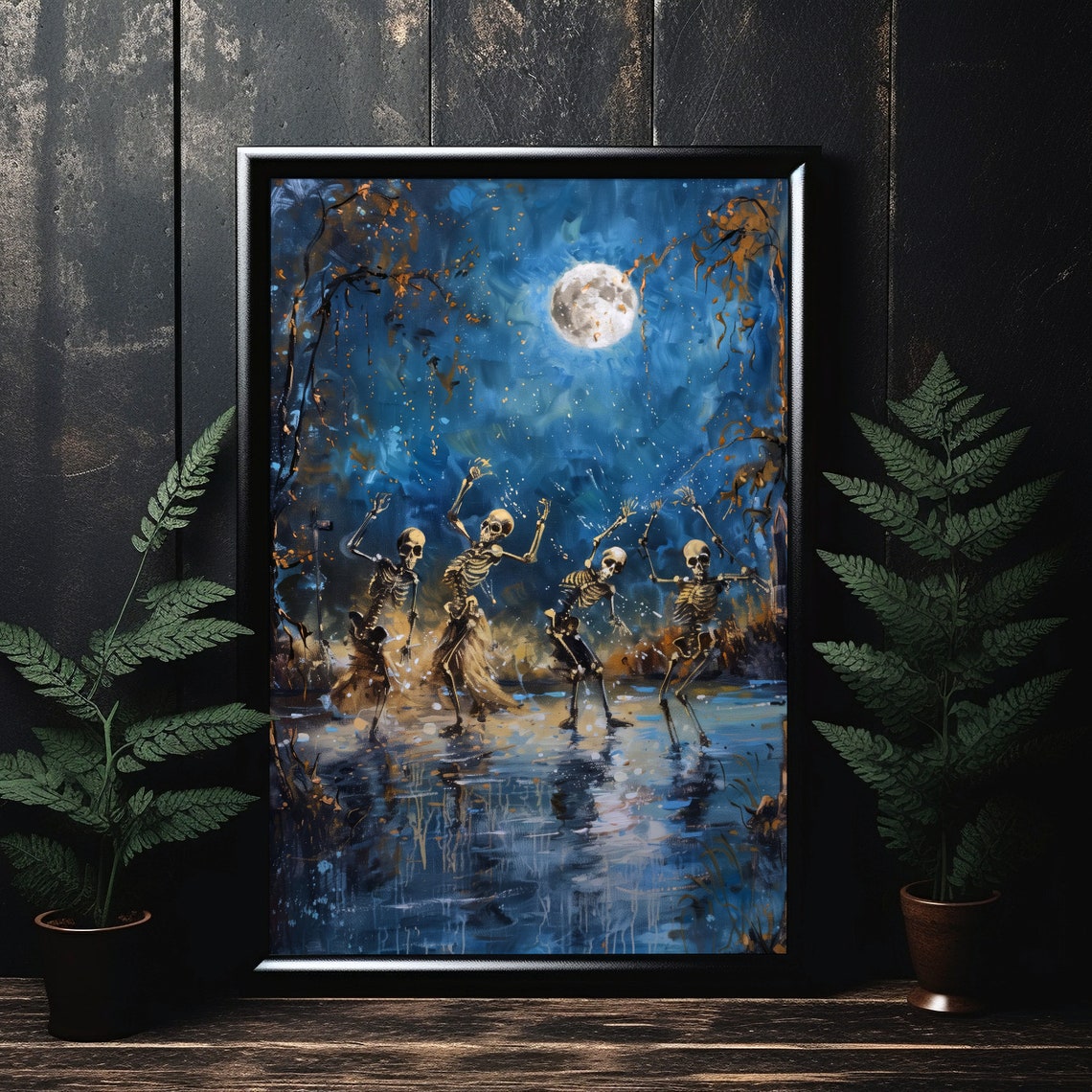 Dancing Skeletons Under Full Moon Spooky Halloween Night Poster - Image 3