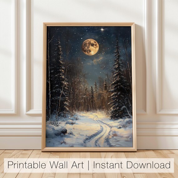 Full Moon Over Snowy Forest Path Winter Night Landscape Poster