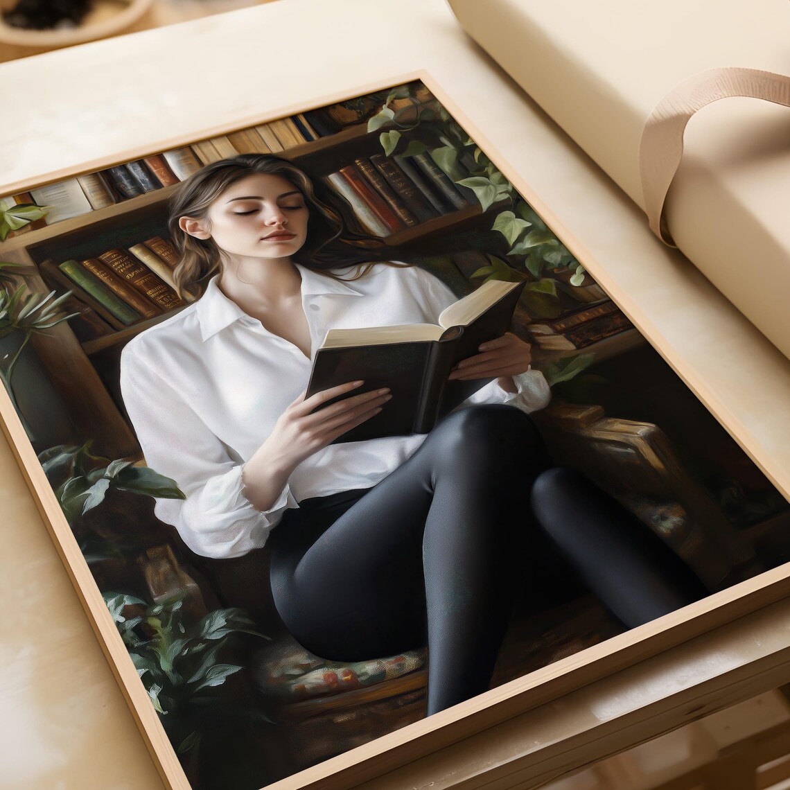 Woman Reading Book in Cozy Library Book Lover Portrait Poster - Image 6
