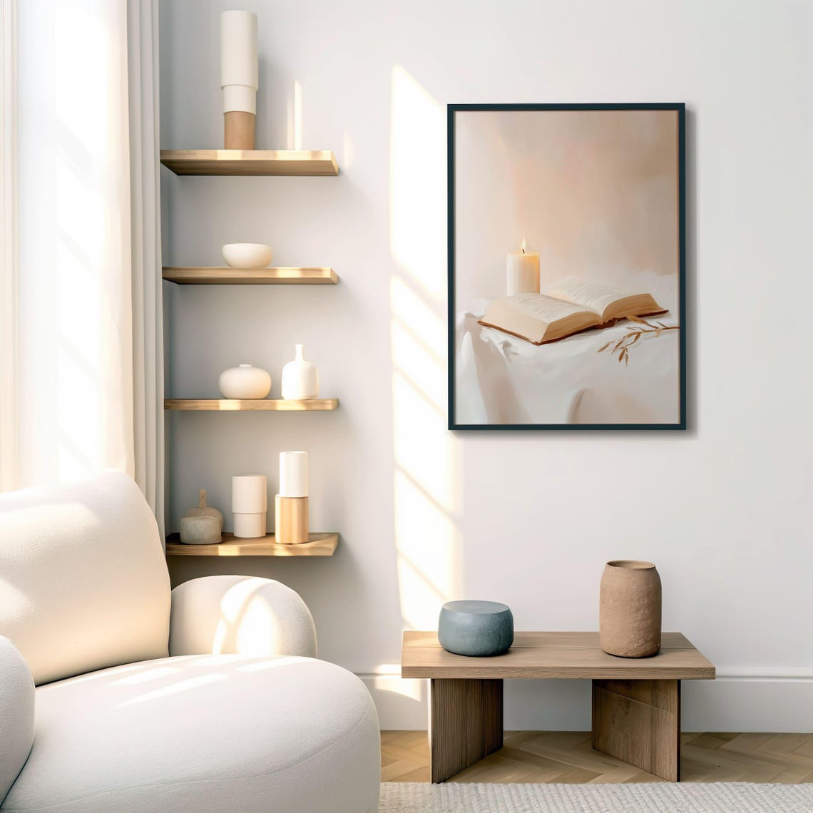 Minimalist Candle and Open Book Warm Neutral Still Life Art Poster - Image 2