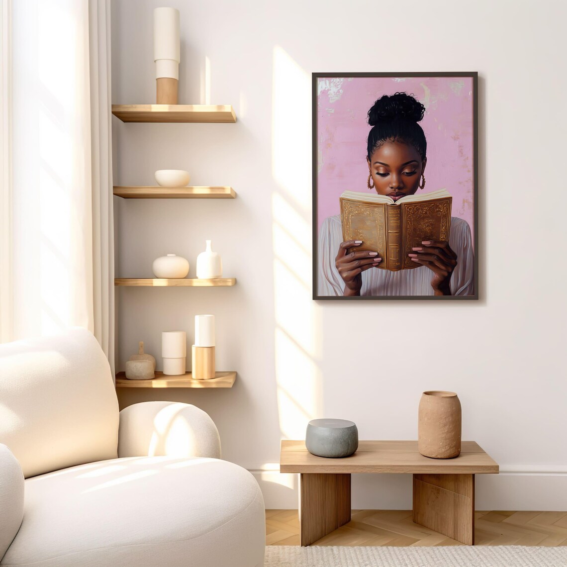 Black Woman Reading Gilded Book Pink Background Book Lover Poster - Image 5