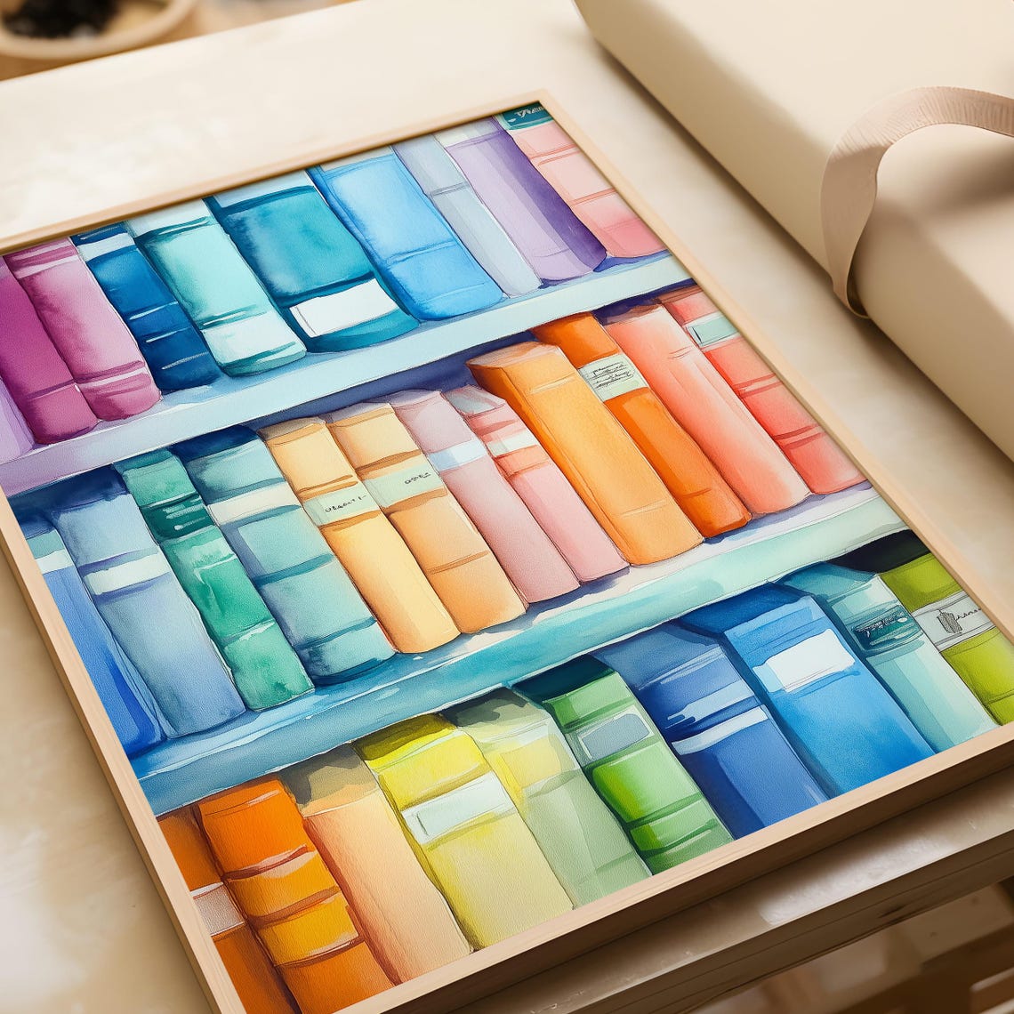 Rainbow Watercolor Bookshelf With Pastel Books Library Poster - Image 5
