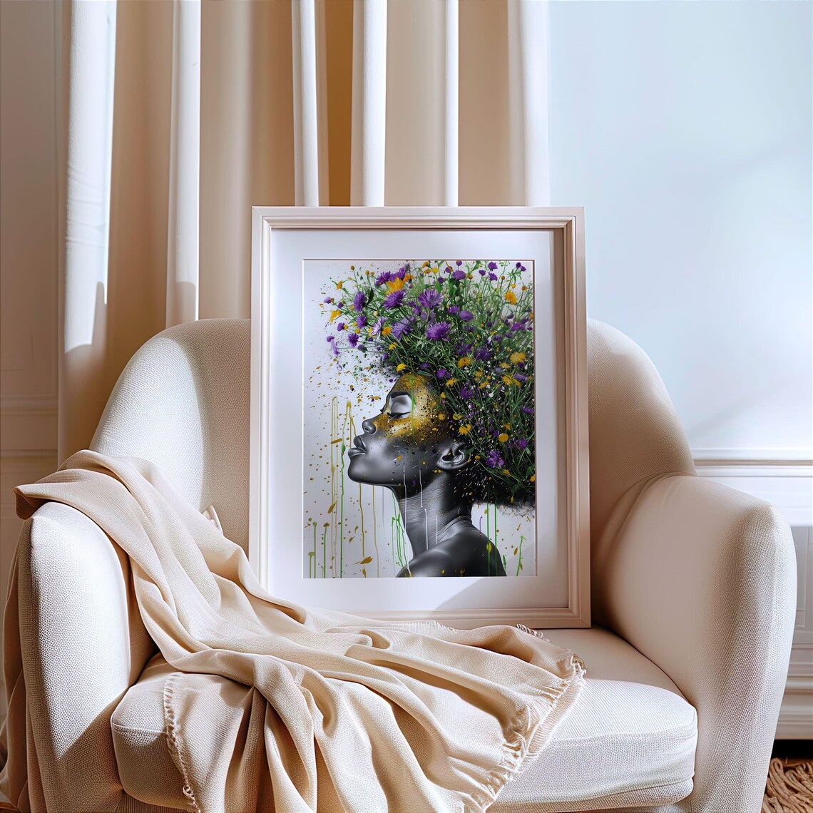 Black Woman Floral Afro Hair Portrait Afrocentric Art Poster - Image 5