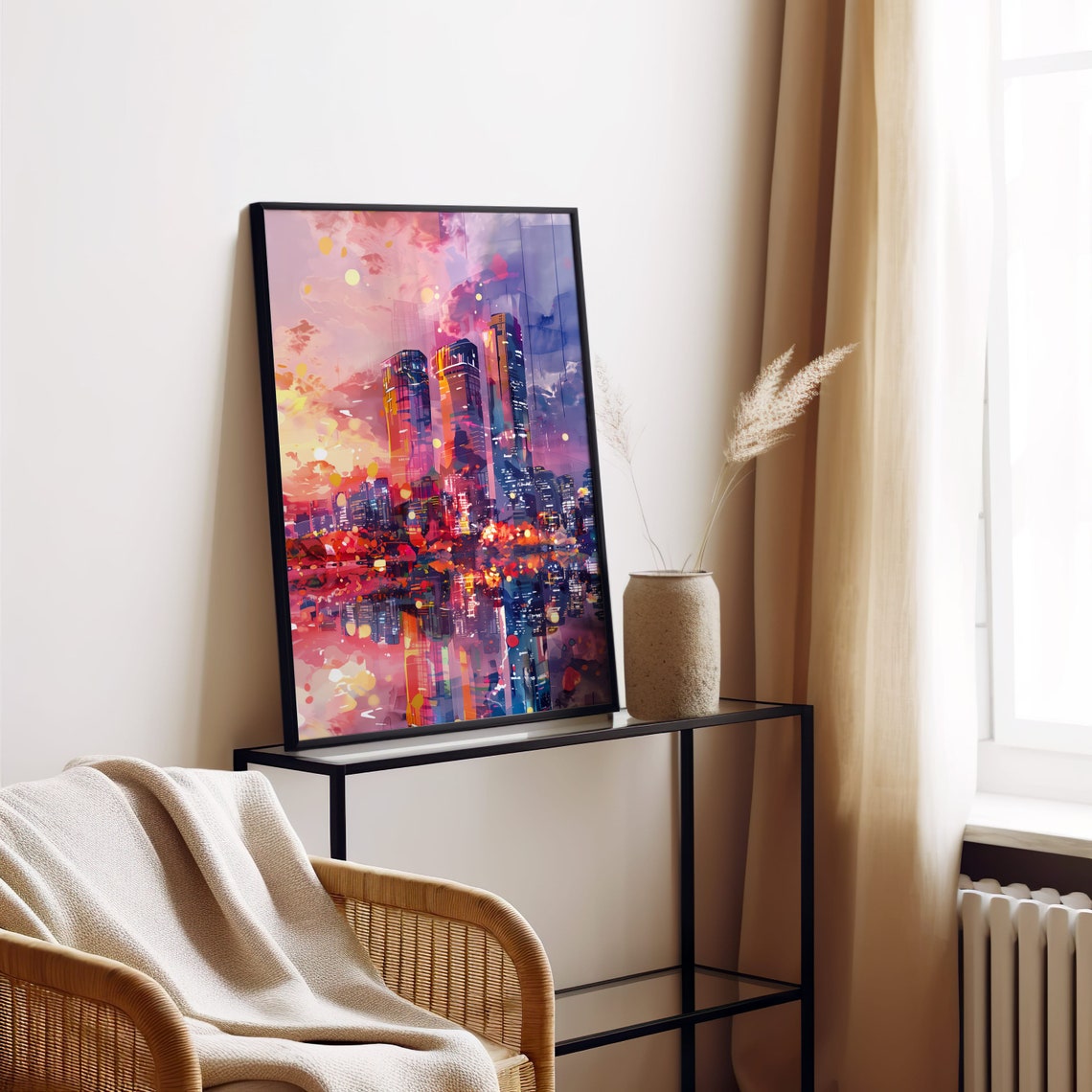 Modern Cityscape Sunset Neon Watercolor Urban Skyline Decor Wall Art - Image 7