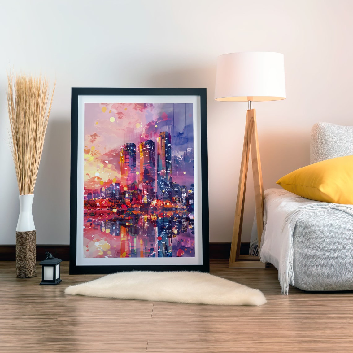 Modern Cityscape Sunset Neon Watercolor Urban Skyline Decor Wall Art - Image 3
