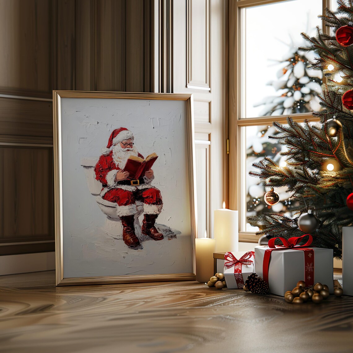 Funny Santa Claus Reading Bathroom Art Christmas Toilet Decor Humor Holiday Santa On Toilet Wall Art Christmas Bathroom Print - Image 2