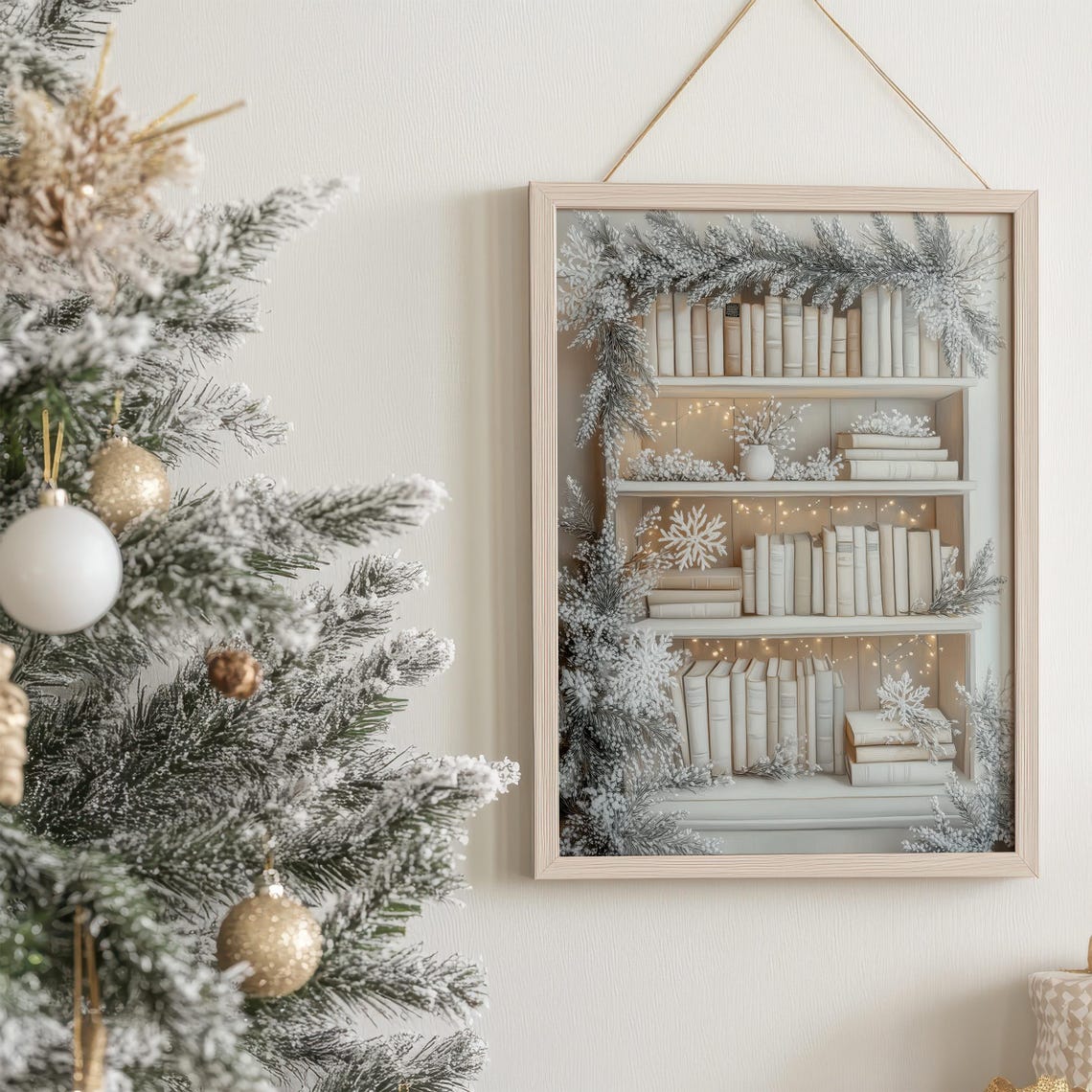 White Winter Bookshelf With Frosty Decor and Fairy Lights Poster - Image 5