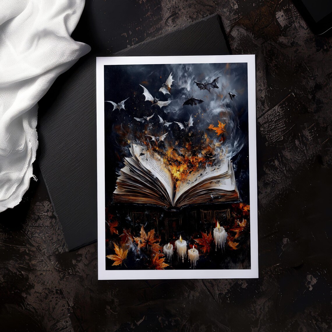 Open Magic Book with Flying Bats and Flames Dark Halloween Spell Poster - Image 5