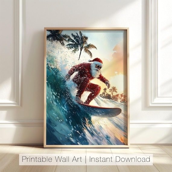 Santa Claus Surfer Tropical Christmas Travel Poster