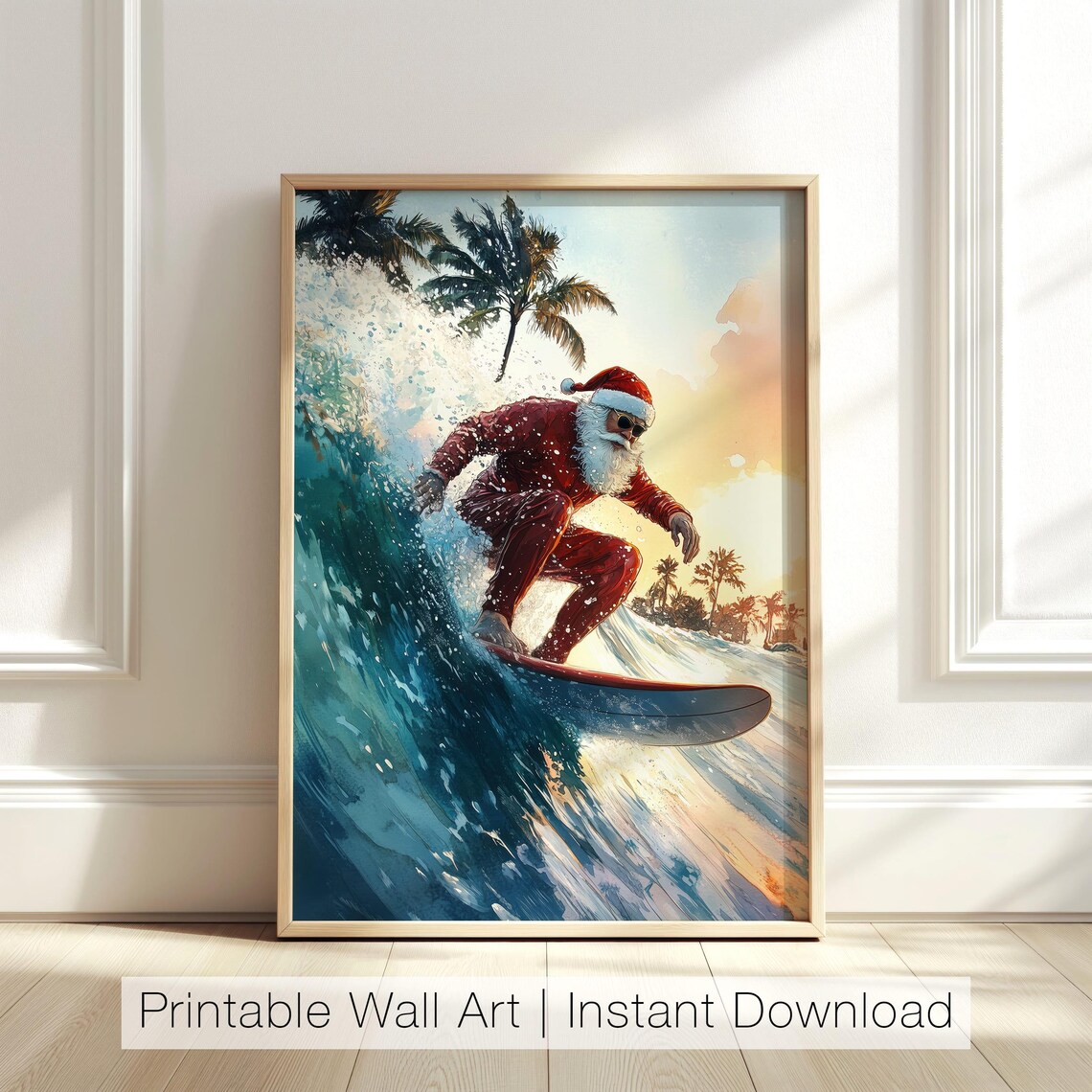 Santa Claus Surfer Tropical Christmas Travel Poster