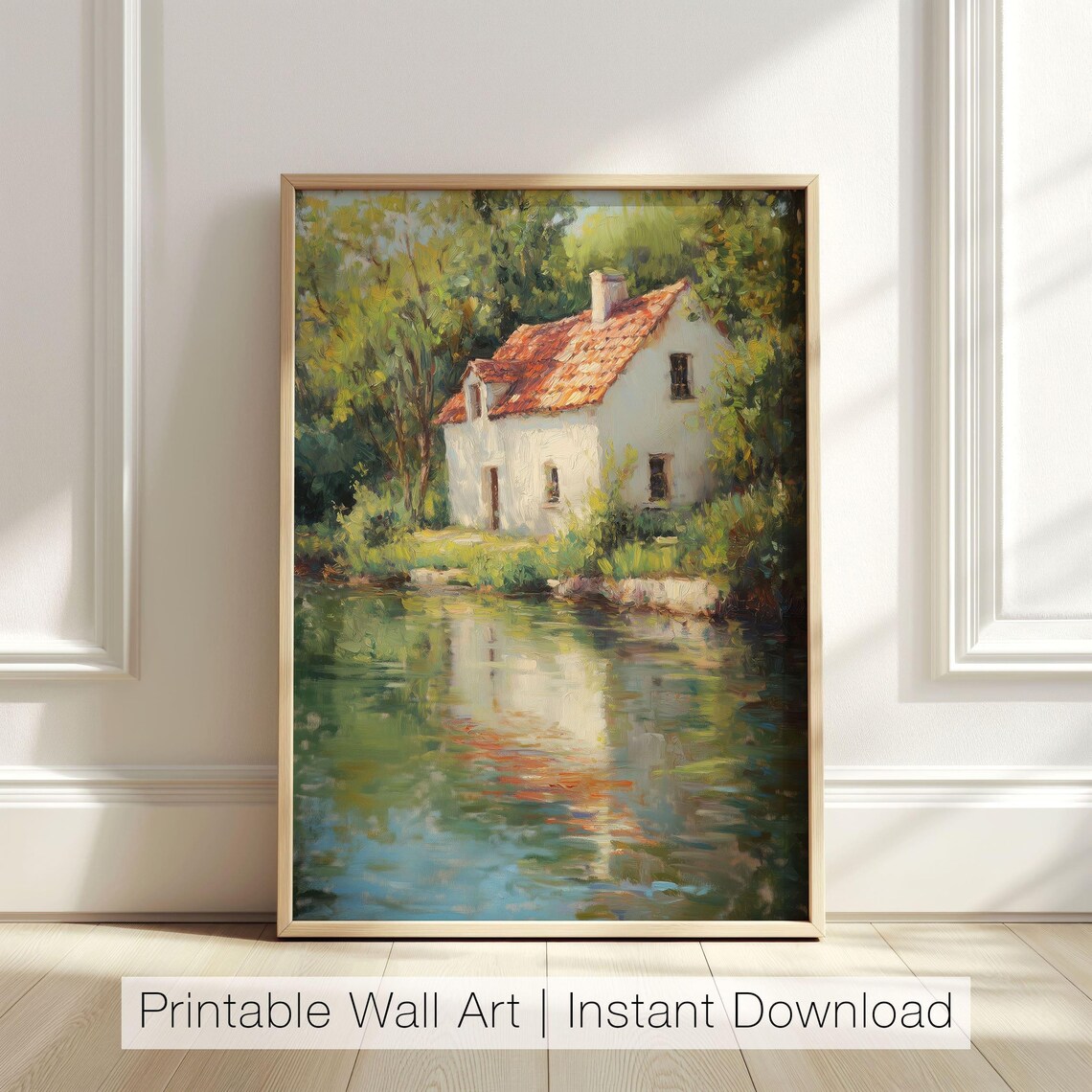Cottage Lake Art Print, Rustic Landscape Decor