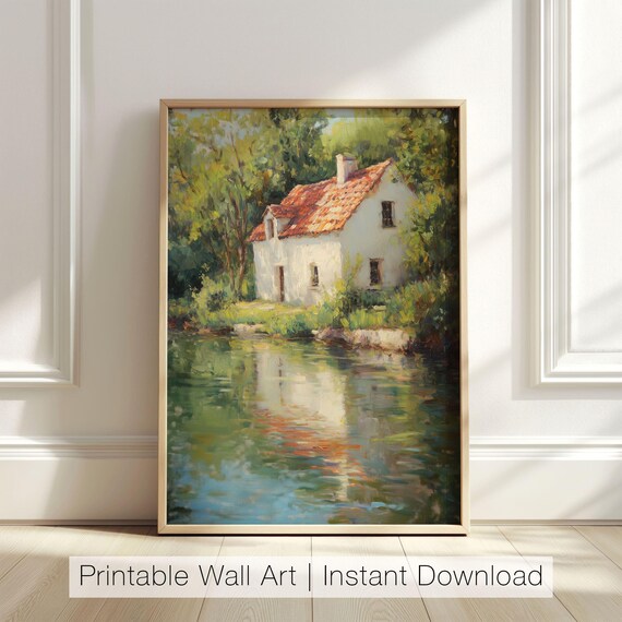 Cottage Lake Art Print, Rustic Landscape Decor