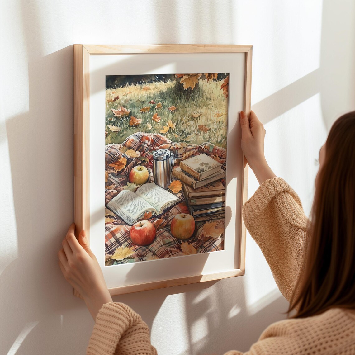 Autumn Picnic With Books Apples and Thermos Watercolor Poster - Image 5