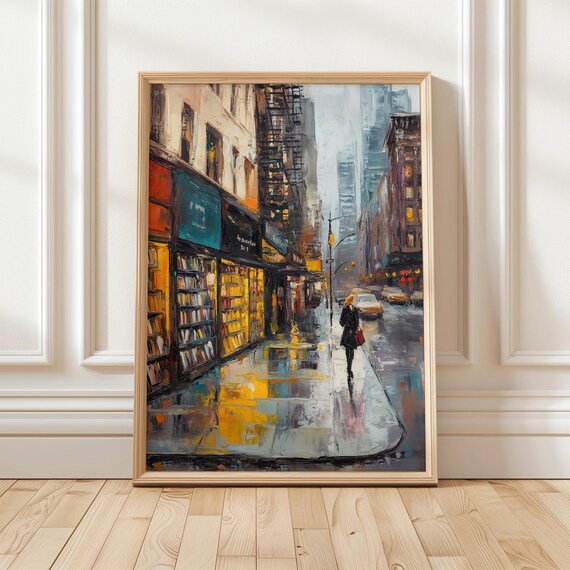 Rainy City Street Bookstore Window Bookshop Lover Art Poster