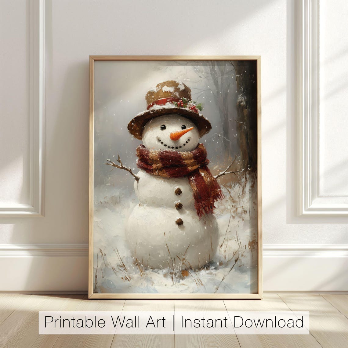 Cheerful Snowman With Red Scarf in Snowy Winter Woods Poster
