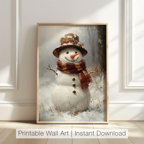 Cheerful Snowman With Red Scarf in Snowy Winter Woods Poster