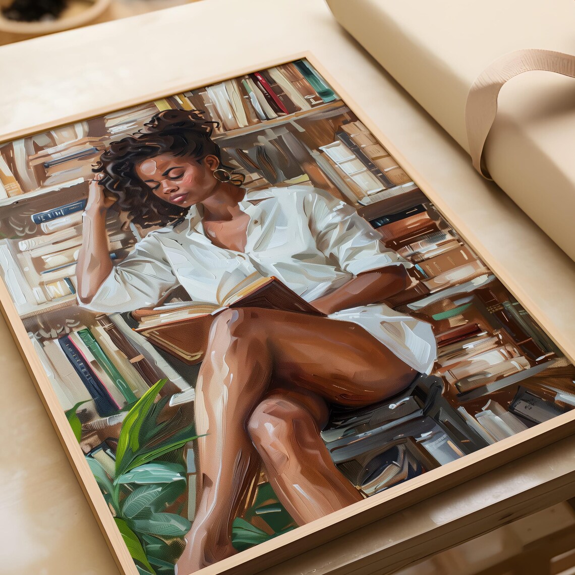 Black Woman Lost In Book Among Vintage Library Shelves Poster - Image 5