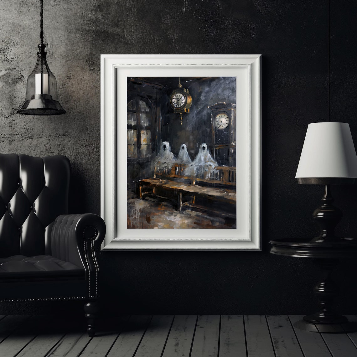 Three Ghosts in Old Waiting Room Clock Dark Gothic Art Poster - Image 8
