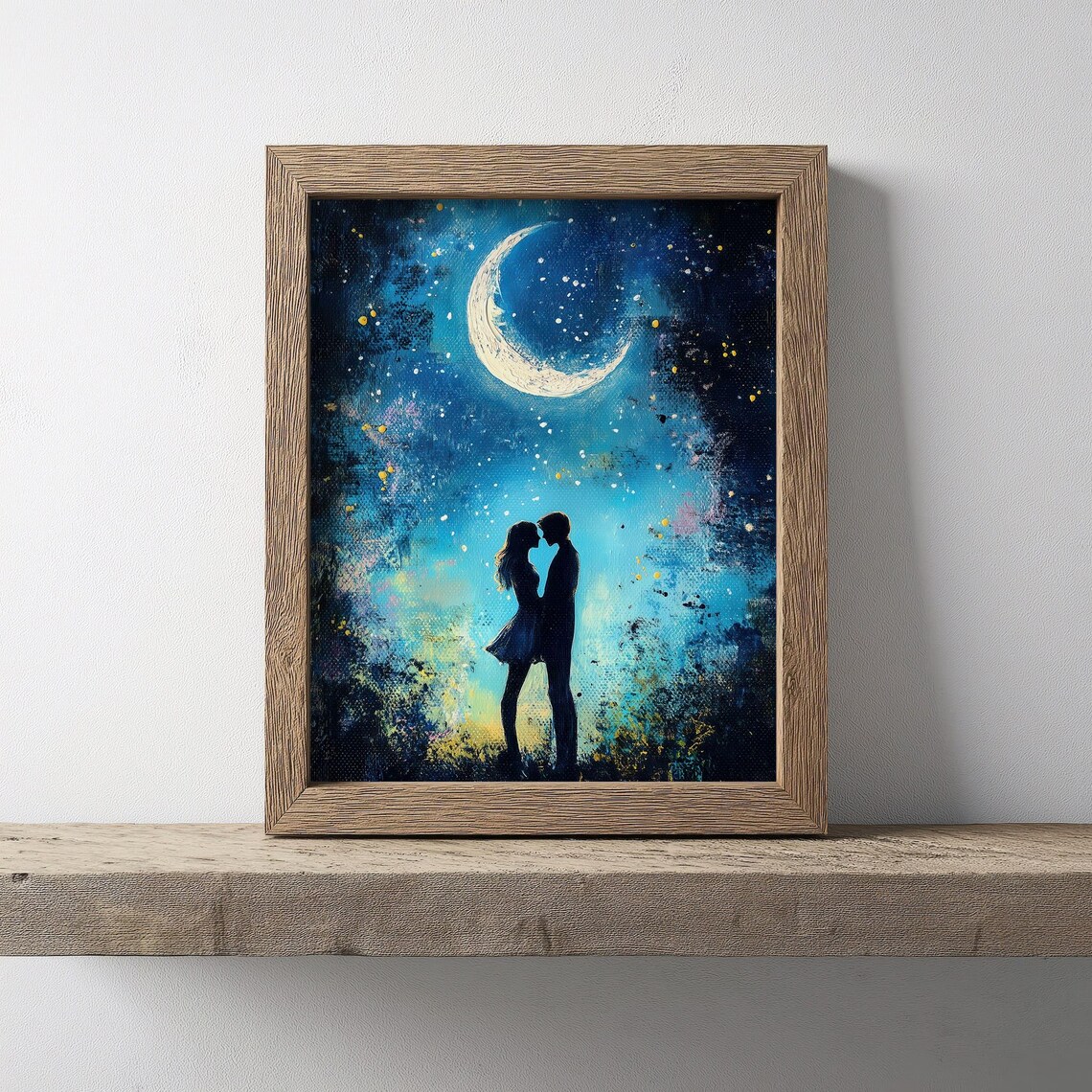 Kissing Couple Silhouette Under Crescent Moon Night Art Poster - Image 2