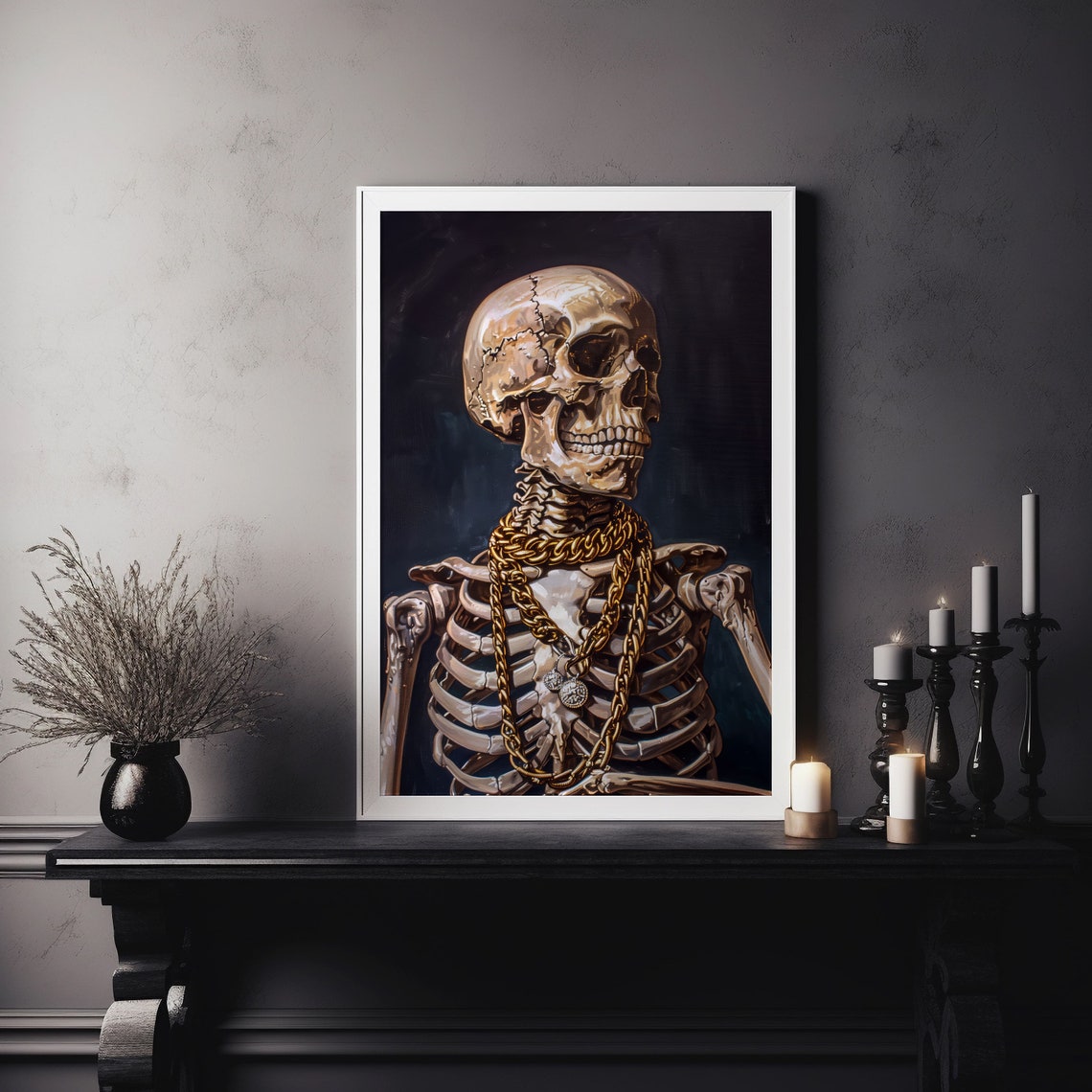 Luxury Skeleton Wearing Gold Chains Gothic Dark Aesthetic Art Poster - Image 5