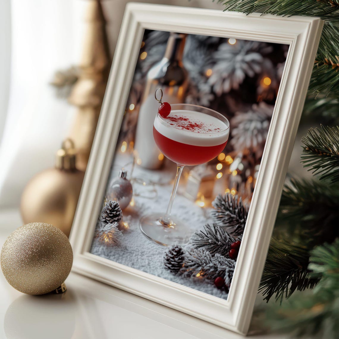 Red Holiday Cocktail in Coupe Glass with Snowy Pine Winter Bar Poster - Image 7