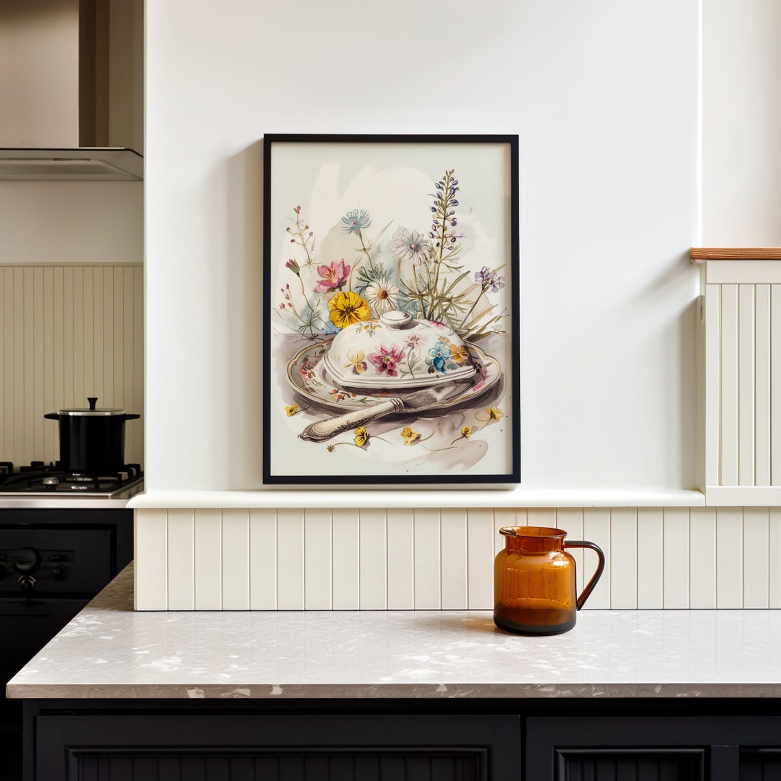 Shabby Chic White Floral Butter Dish Watercolor Kitchen Print - Image 7