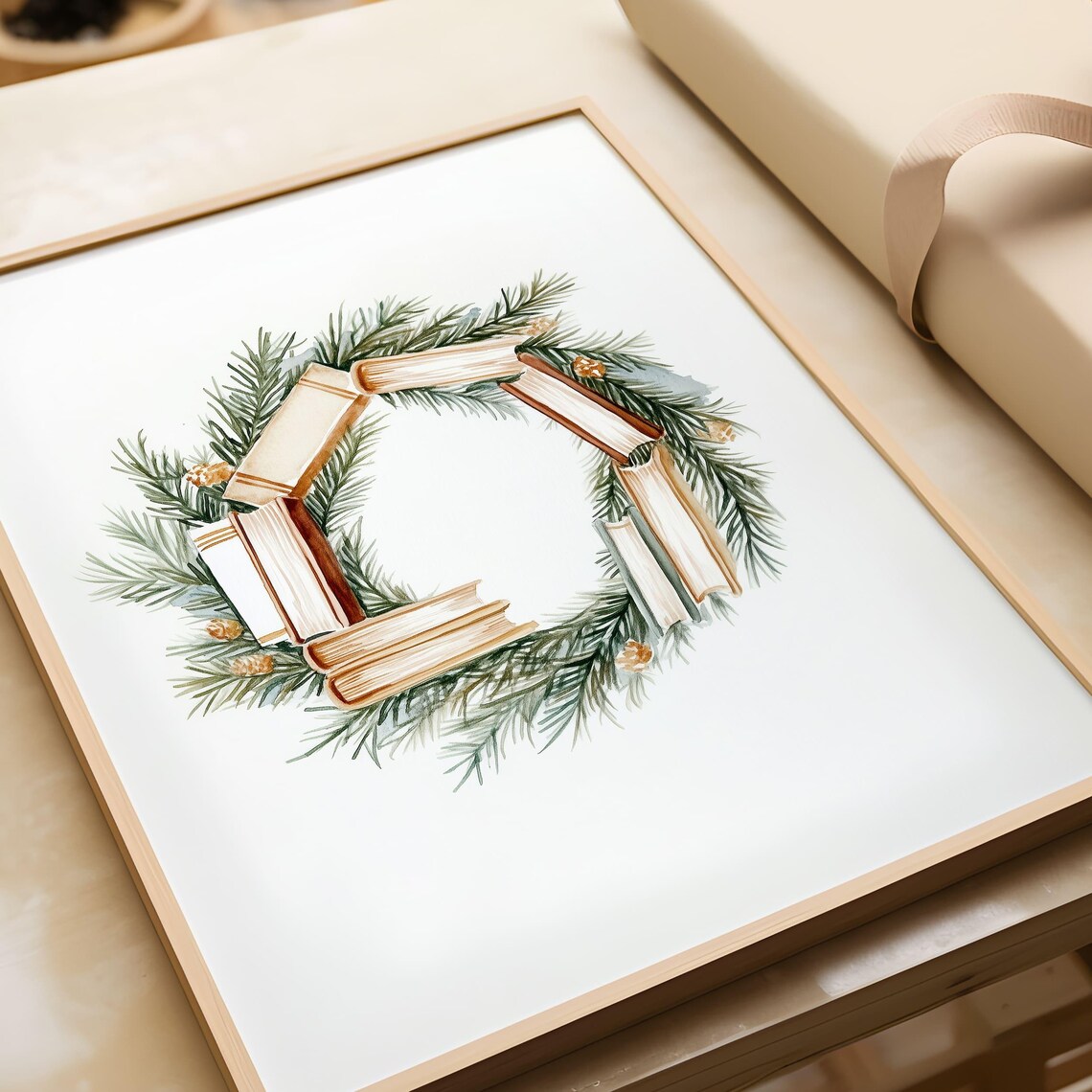 Watercolor Christmas Wreath of Books Pine Branches Holiday Poster - Image 6