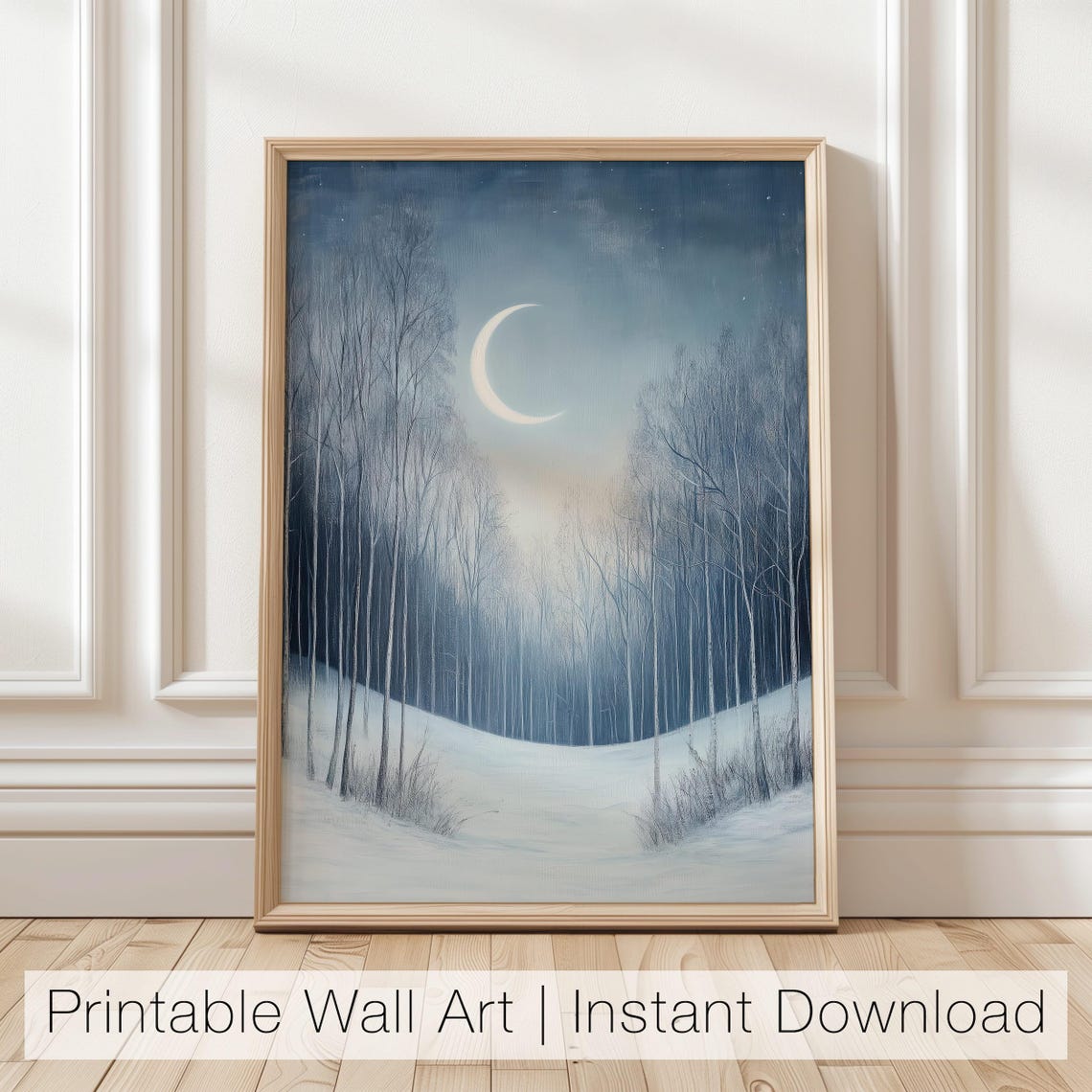 Glowing Crescent Moon Over a Snowy Winter Birch Forest Poster