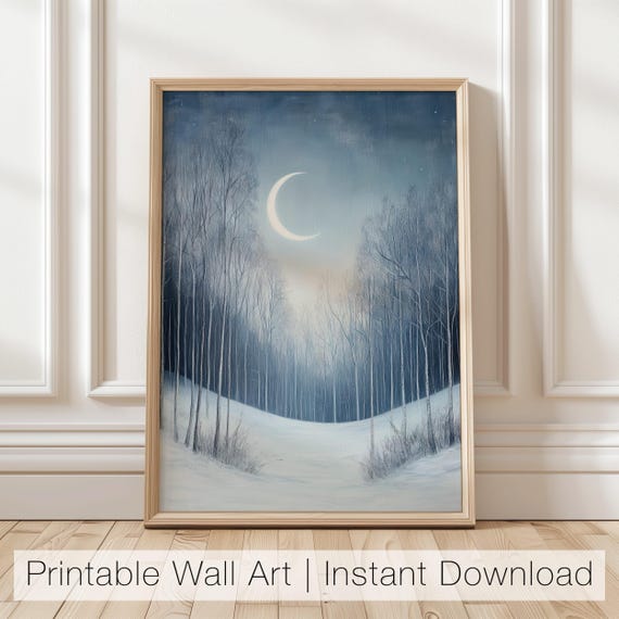 Forest Moonlight Wall Art Winter Forest Printable Crescent Moon Art Print Nature Inspired Winter Landscape Art