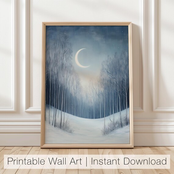 Glowing Crescent Moon Over a Snowy Winter Birch Forest Poster
