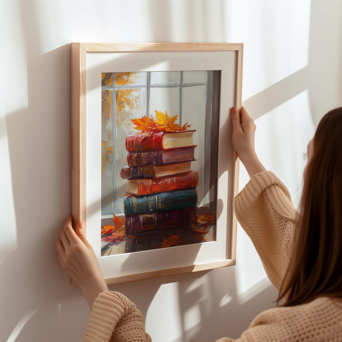 Vintage Book Stack By Window Autumn Maple Leaves Decor Art Poster - Image 7