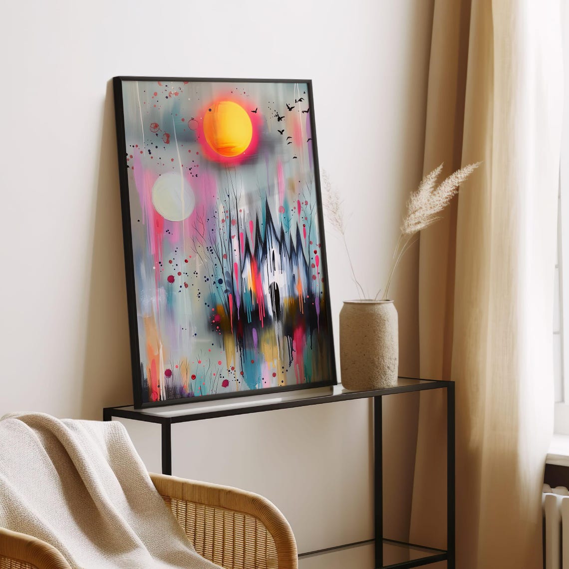 Colorful Gothic Castle Neon Drip Paint Haunted Sunset Wall Art - Image 5