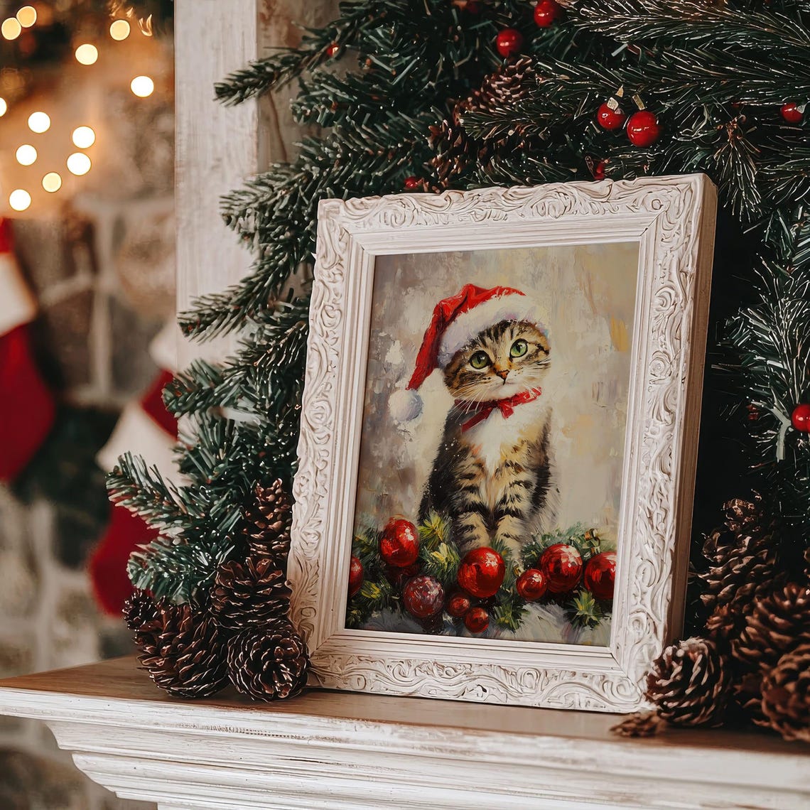 Tabby Kitten in Santa Hat With Christmas Ornaments Painting Poster - Image 2