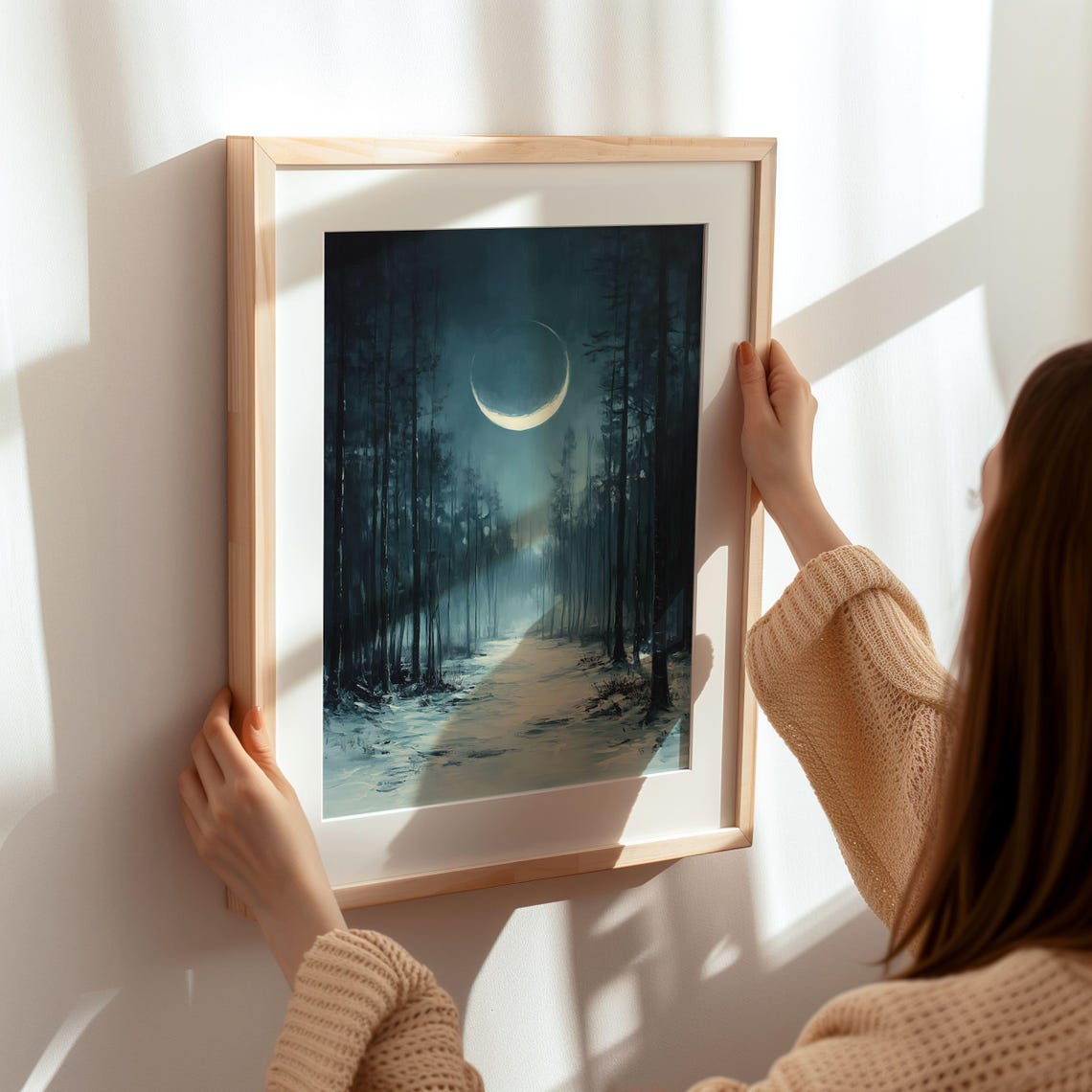 Dark Moonlit Pine Forest Path With Glowing Crescent Moon Poster - Image 6