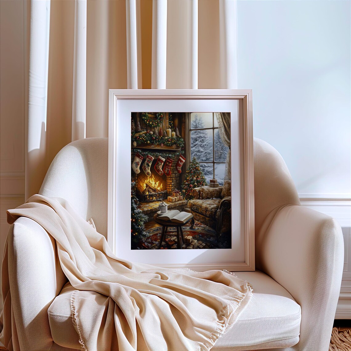 Christmas Eve Fireplace Stockings Snowy Window Book Lover Poster - Image 2