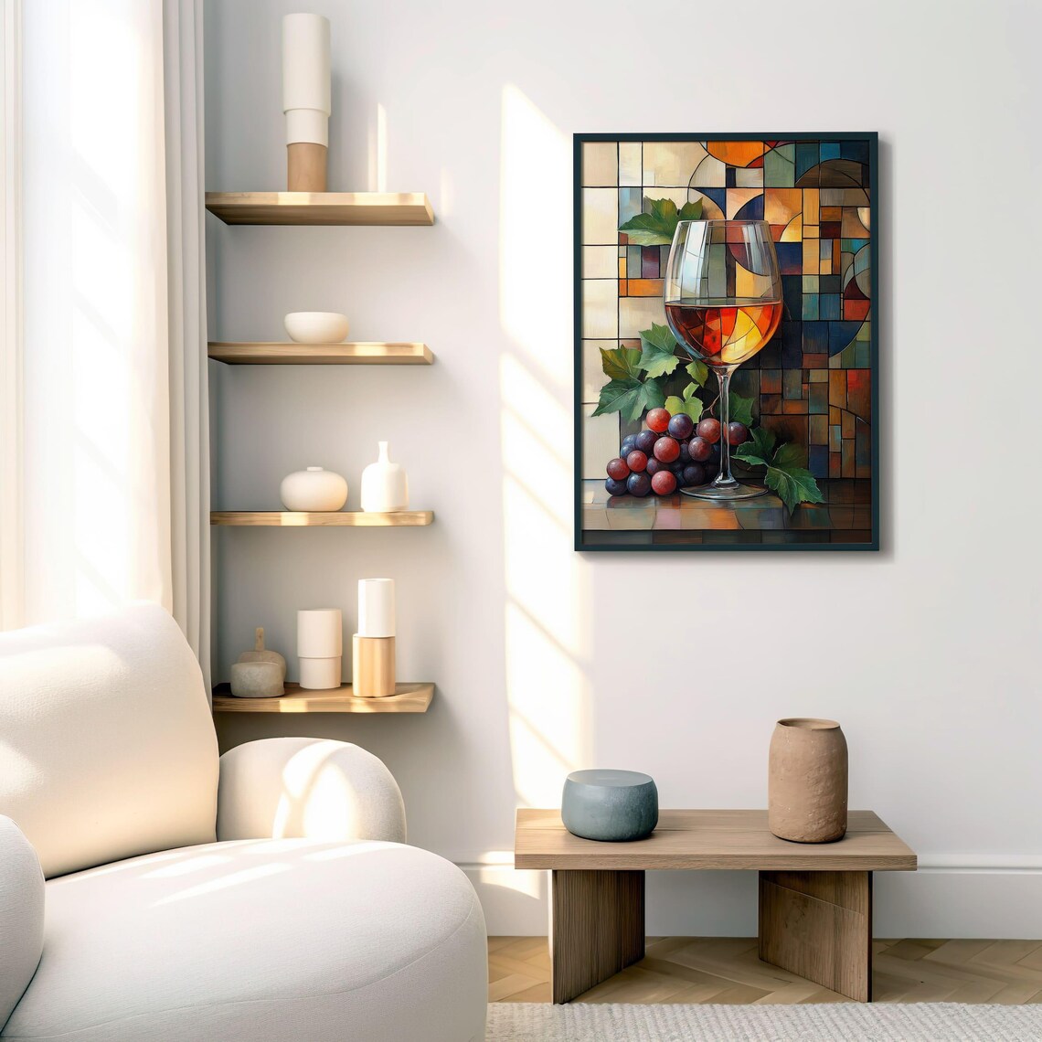 Stained Glass Style Wine Glass with Grapes Vibrant Mosaic Art Poster - Image 5
