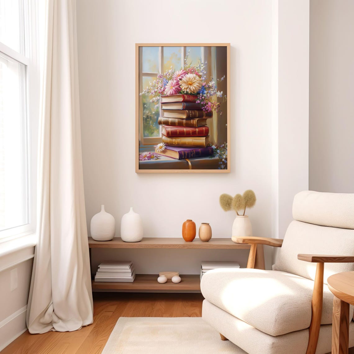 Vintage Books Stack With Flowers Window Literary Decor Poster - Image 4