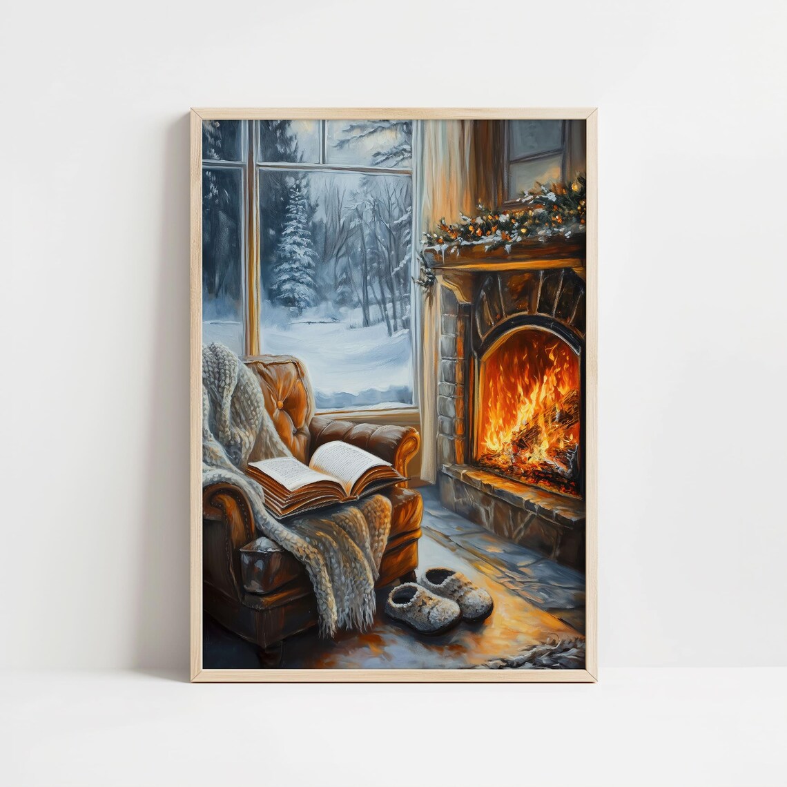 Cozy Reading Nook by Fireplace With Snowy Window View Poster - Image 8