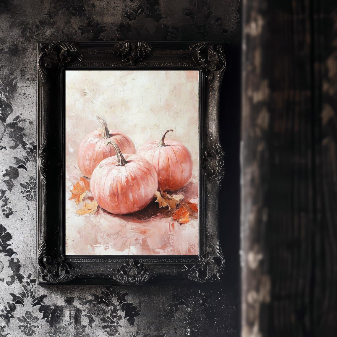 Pink Pumpkins Autumn Leaves Soft Fall Still Life Painting Wall Art - Image 4
