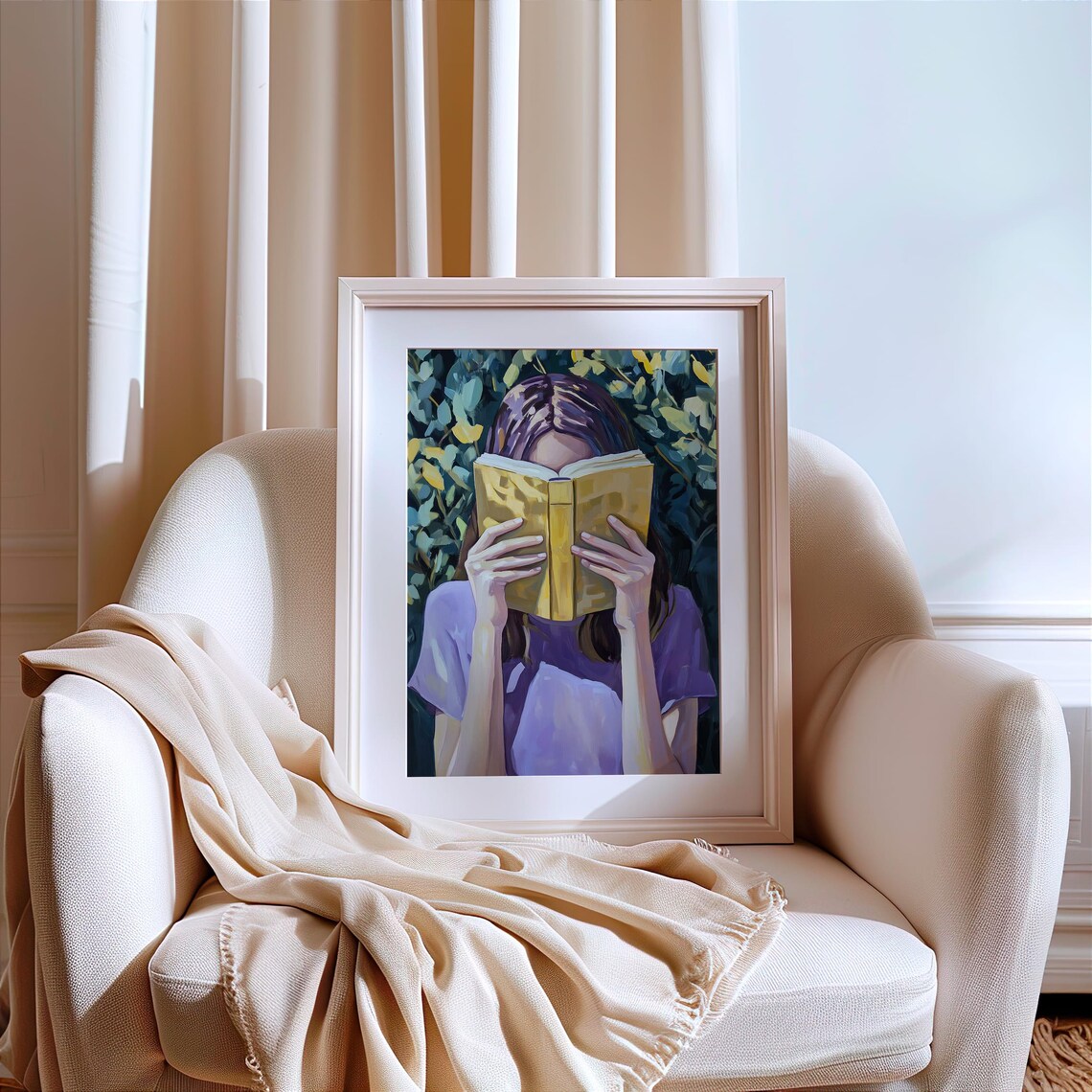 Woman Reading with Book Covering Her Face Among Green Foliage Poster - Image 2