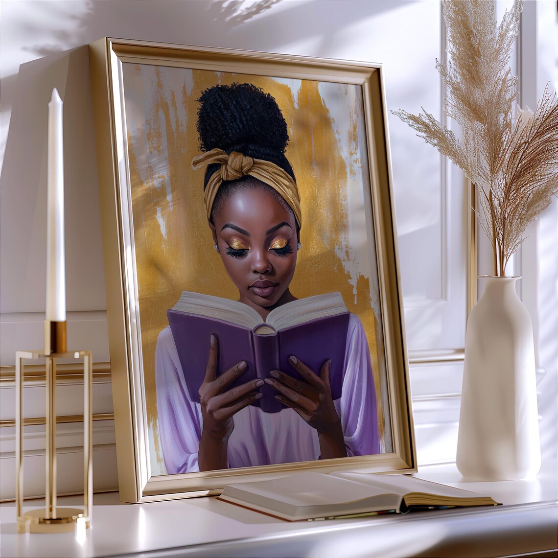 Black Woman Reading Purple Book Golden Background Art Poster - Image 4