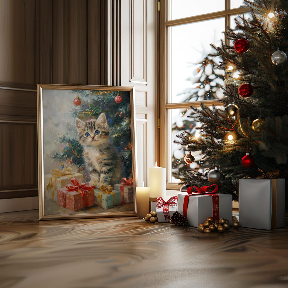 Cute Blue-Eyed Tabby Kitten by a Christmas Tree With Presents Poster - Image 2
