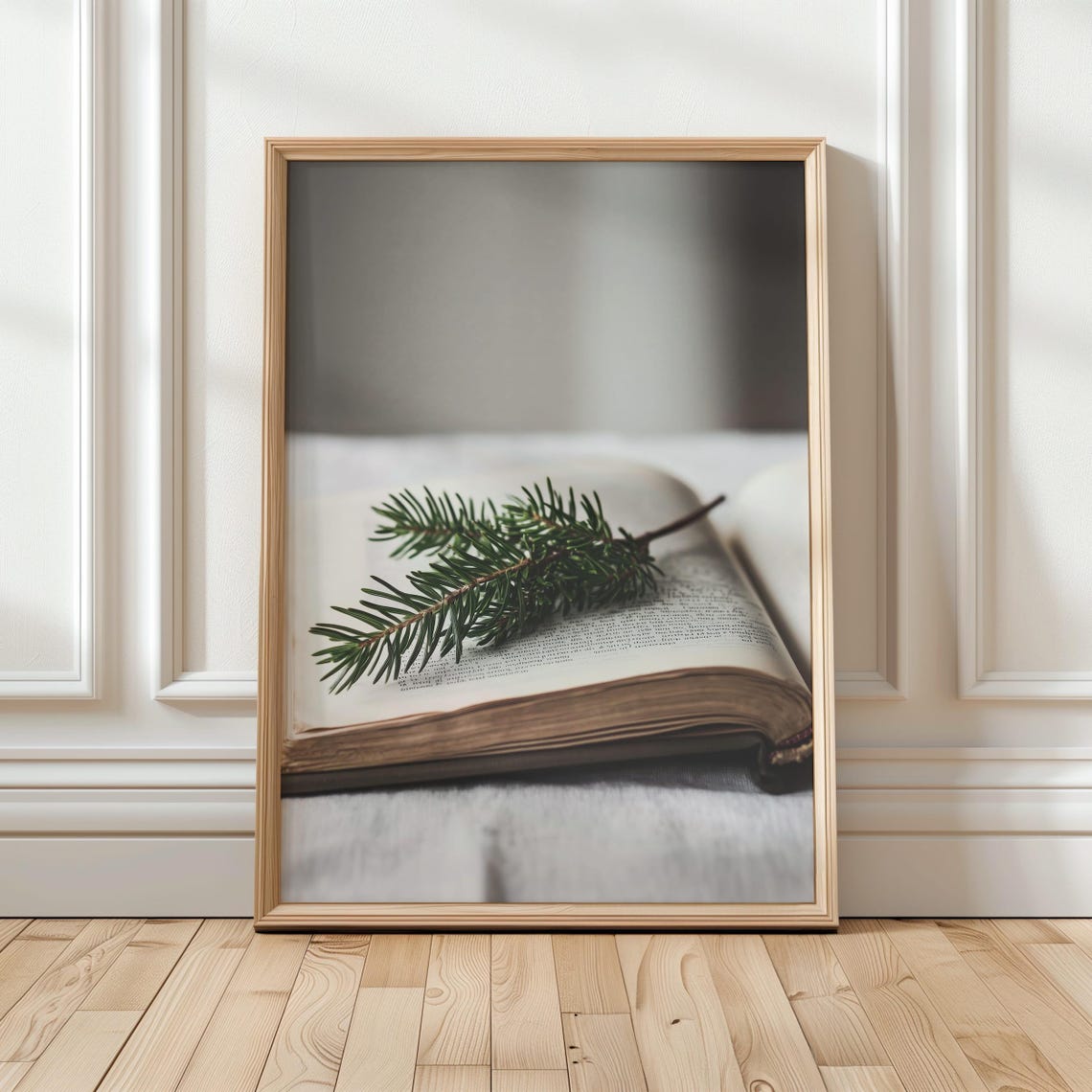 Evergreen Branch On Open Book Minimalist Winter Photo Poster