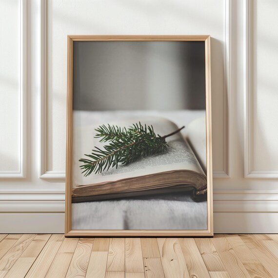 Evergreen Branch On Open Book Minimalist Winter Photo Poster
