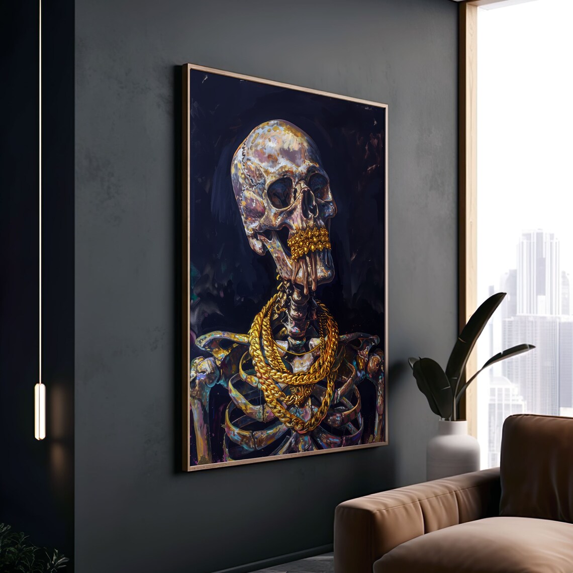 Colorful Painted Skeleton With Gold Chains Dark Fantasy Art Poster - Image 2