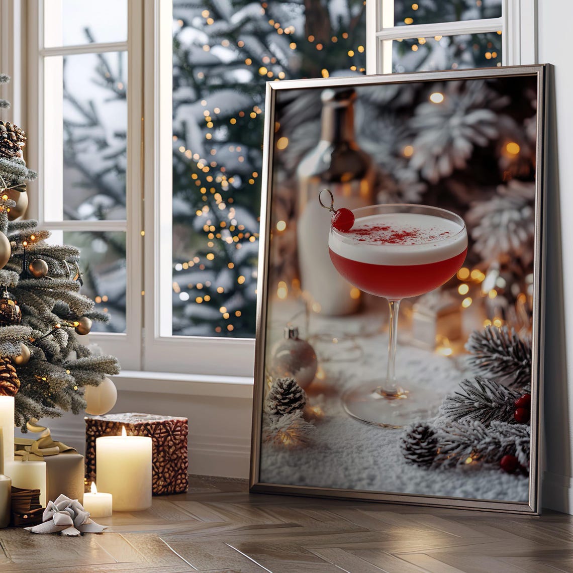 Red Holiday Cocktail in Coupe Glass with Snowy Pine Winter Bar Poster - Image 3