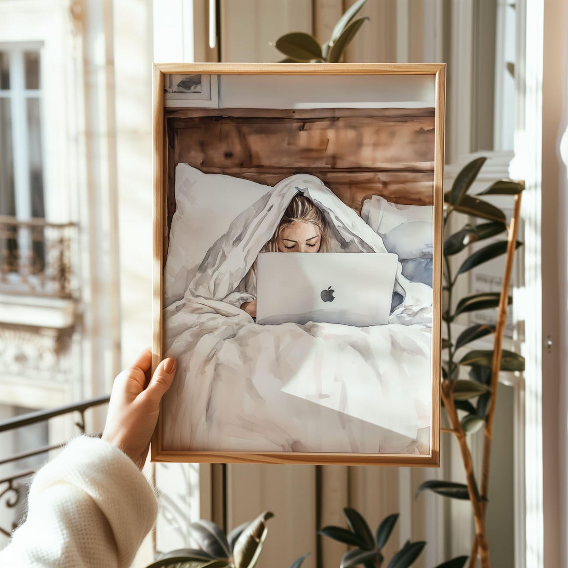 Cozy Woman In Bed With Laptop Work From Home Watercolor Poster - Image 3