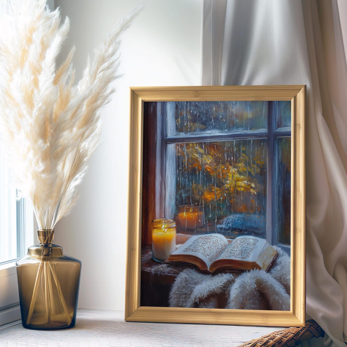 Cozy Fall Reading Nook Candle and Book by Rainy Window Art Poster - Image 6